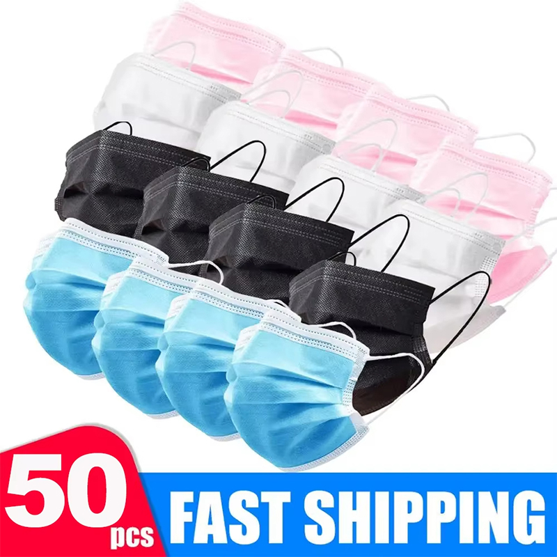 50Pcs Unisex 3-layer Mask Face - Disposable Mask Blue 评论和价格