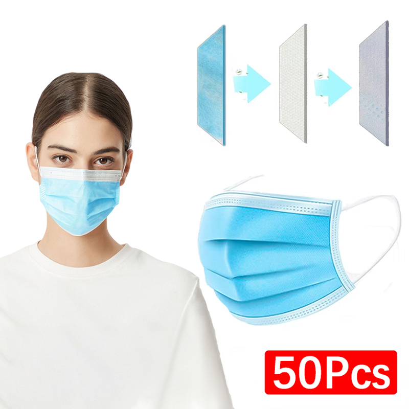 50Pcs 3-layer Mask Face Masks  - Disposable Mask Blue 评论和价格